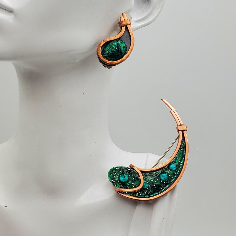 Matisse Renoir Fish Copper Brooch Clip Earrings Green Enamel Modernist Sugar Vtg